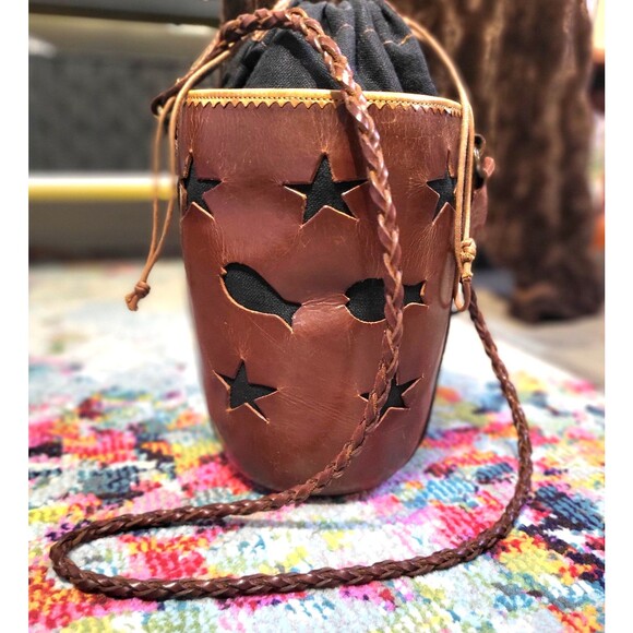 Barneys York Brown Leather ITALIAN Fish Stars Linen Crossbody Barrel Bag OOAK - Picture 1 of 16